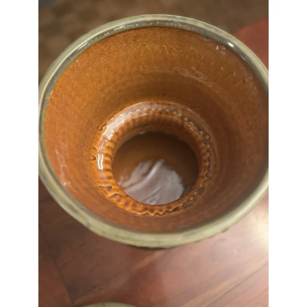 Mid Century Circus Tent Pedestal Pottery Apothecary Cookie Jar w/h Green & Brown